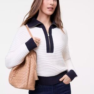 Ann Taylor Weekend Collection Striped Half-Zip Sweater Color White /Navy Blue